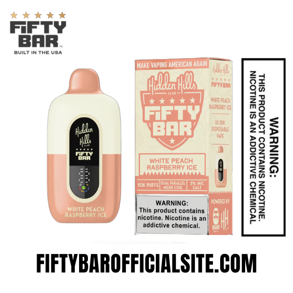 White Peach Raspberry Ice Hidden Hills x Fifty Bar 20k Puffs Disposable Vape